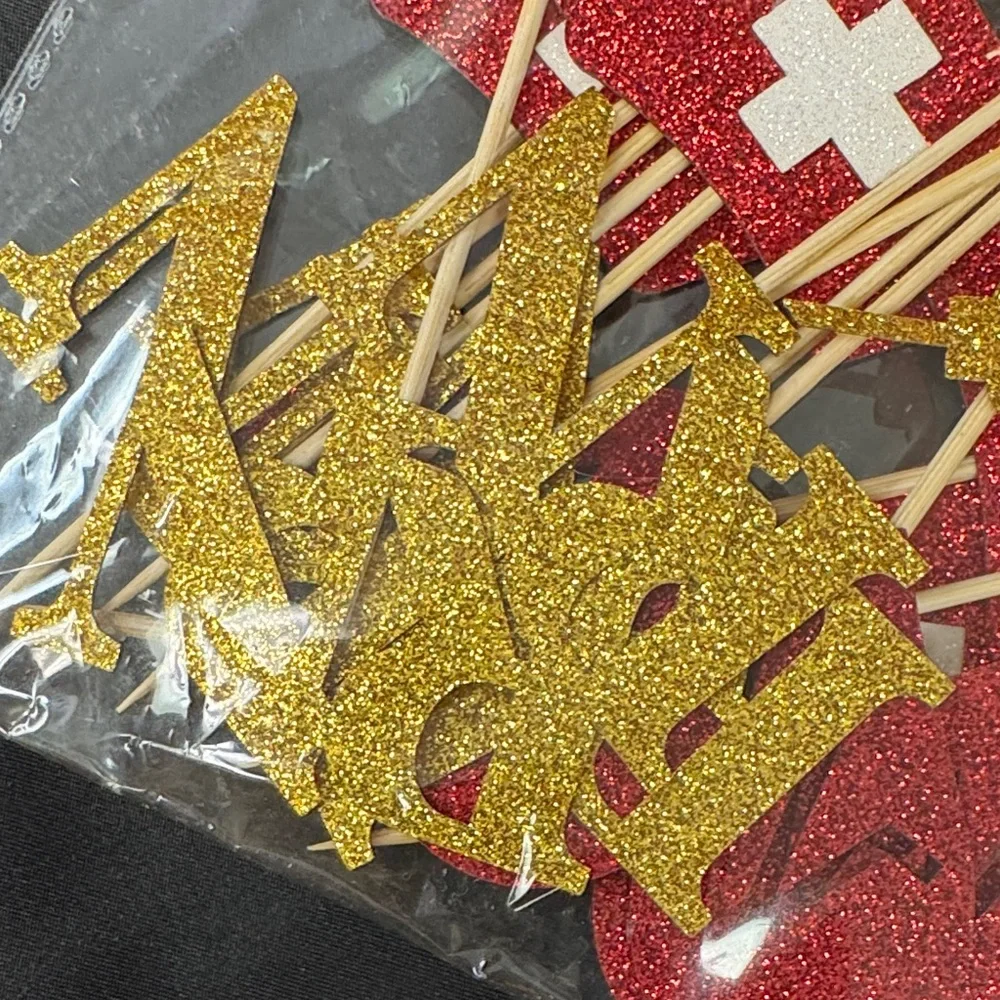 Glittery Red and Gold Cupcake Toppers Nursing needle heart RN and hat all new